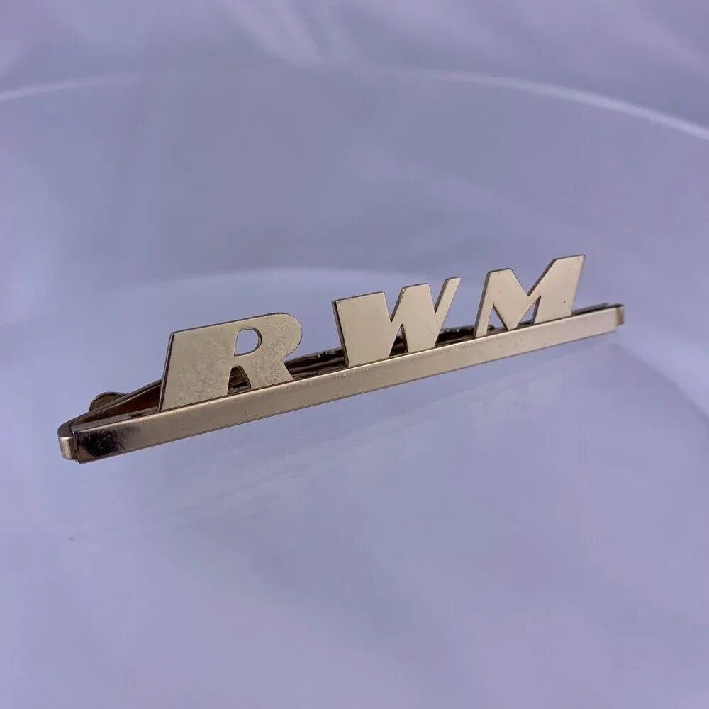 R W M Initial Gold Tone Tie Clip Bar Monogram Large Mid Century Block Vintage